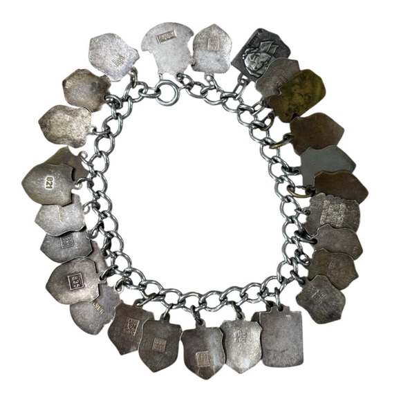 Vintage Silver Enamel Travel Shield Souvenir Charm Bracelet - 28 Charms - Picture 4 of 7